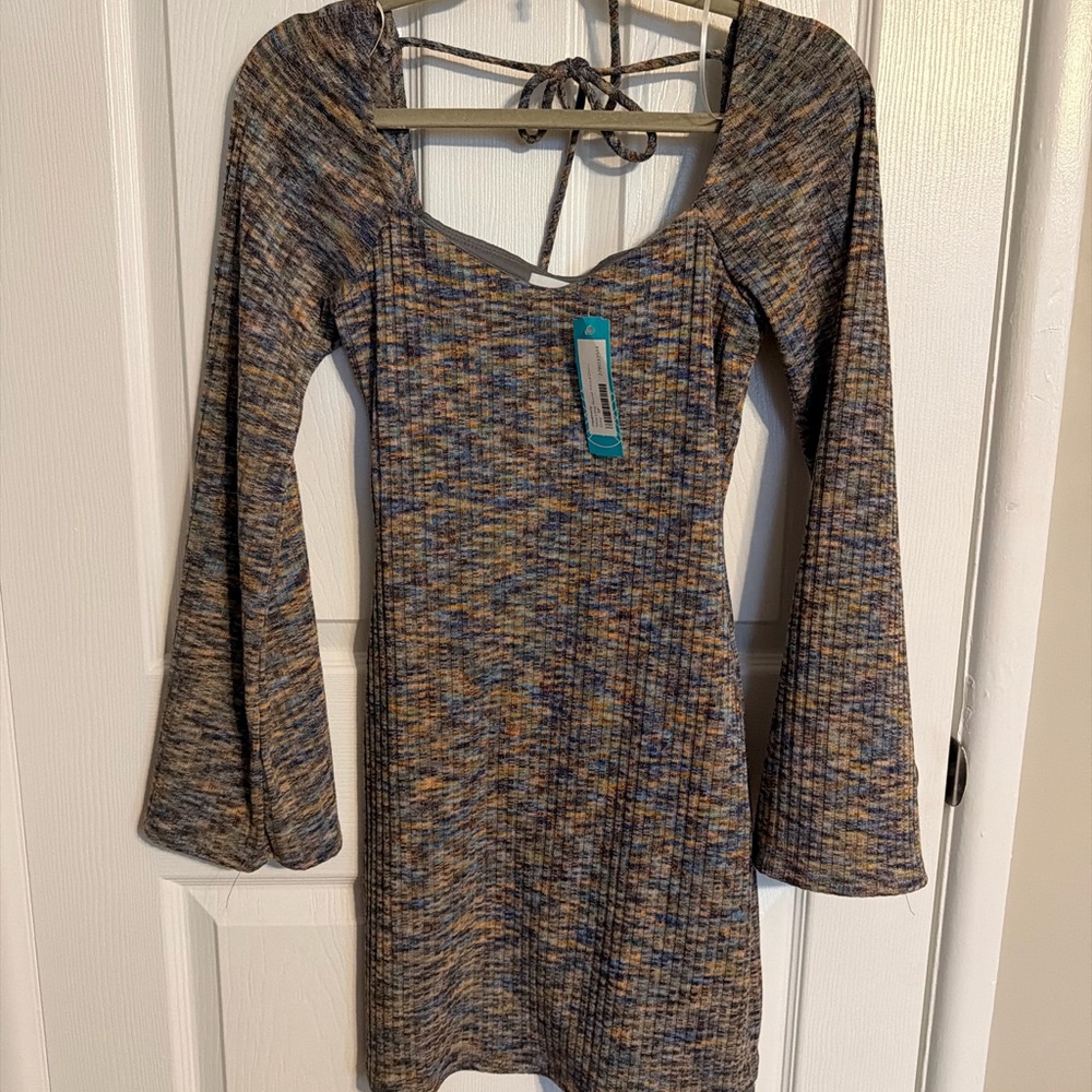 Marled Multi-Color Ribbed Mini Dress with Bell Sleeves